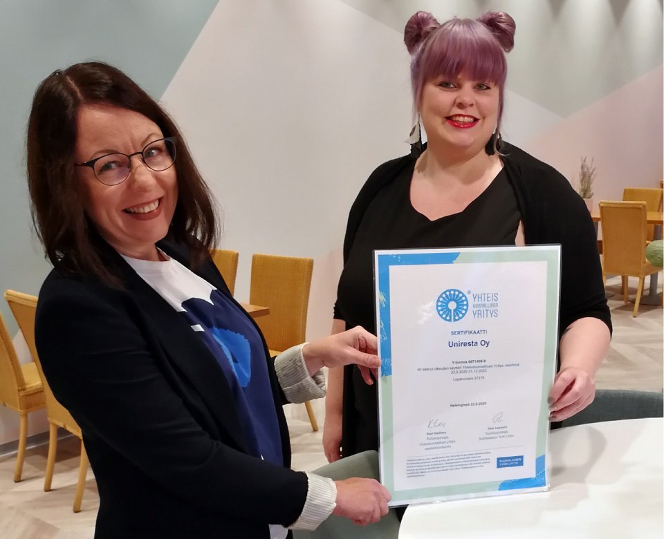 Suomalaisen Työn Liitto on myöntänyt Yhteiskunnallinen Yritys -merkin Uniresta Oy:lle